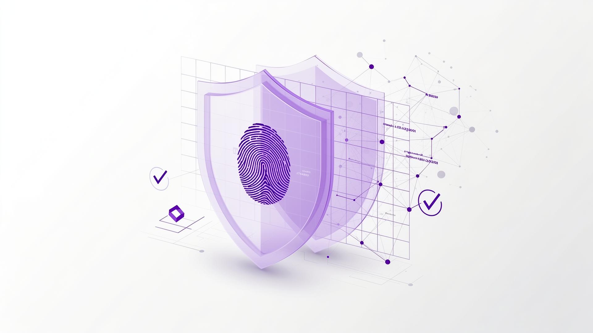 Abstract illustration of layered shields, fingerprint and verification grid representing AI forensics