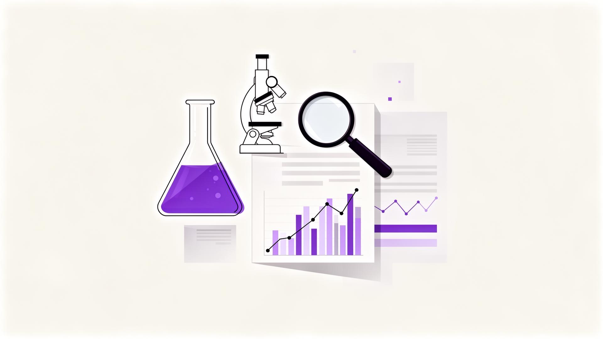 Lab beaker, microscope, magnifying glass and analytics charts representing academic forensics research