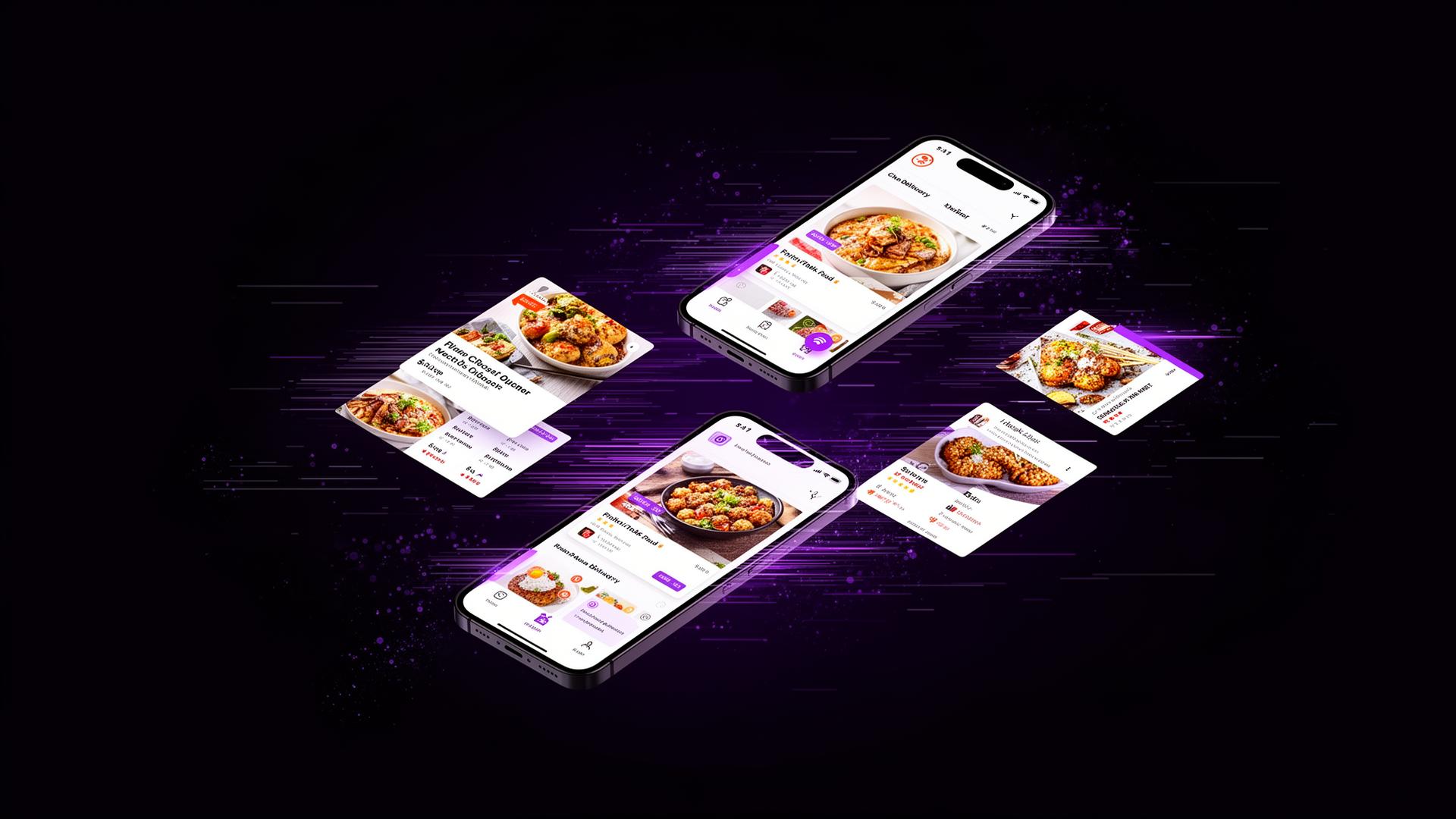 Abstract illustration of duplicated food delivery app interfaces representing AI-driven listing fraud