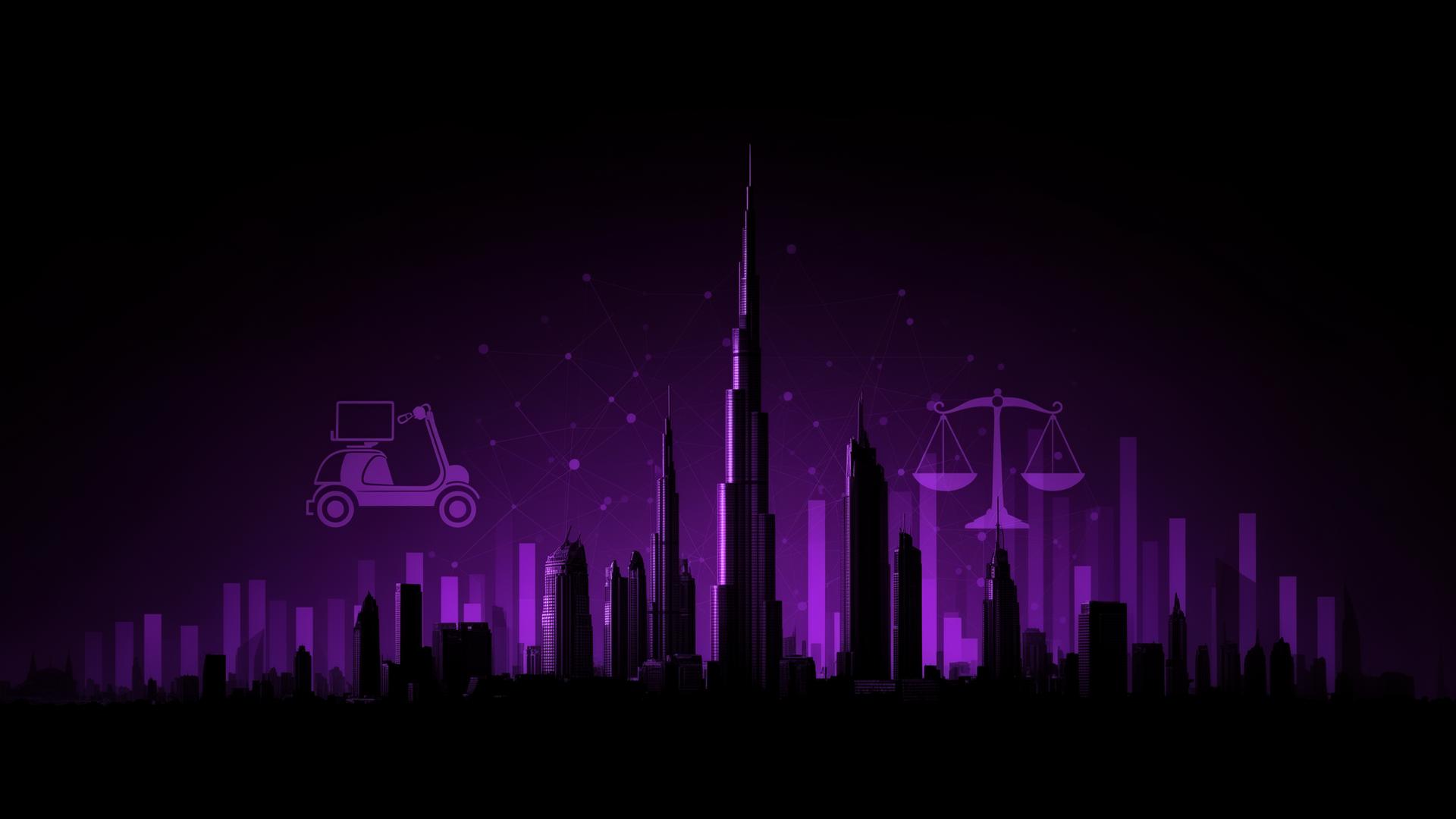 Stylised Dubai skyline with delivery scooter and scales of justice representing a hypothetical food-fraud investigation