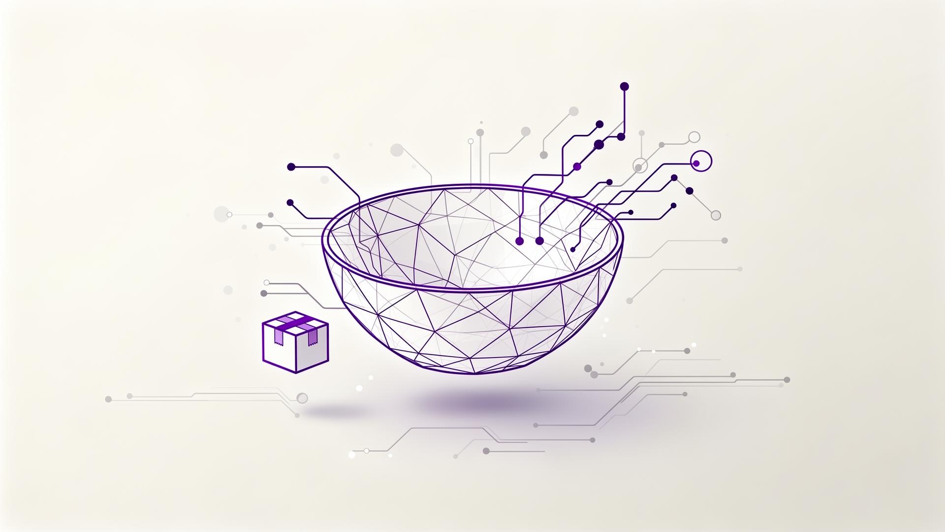 Abstract illustration of a digital food bowl connected to a data network representing AI in food e-commerce